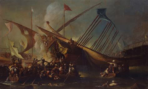  Die Schlacht von Lepanto; ein Triumph des Heiligen Liga gegen die osmanische Flotte